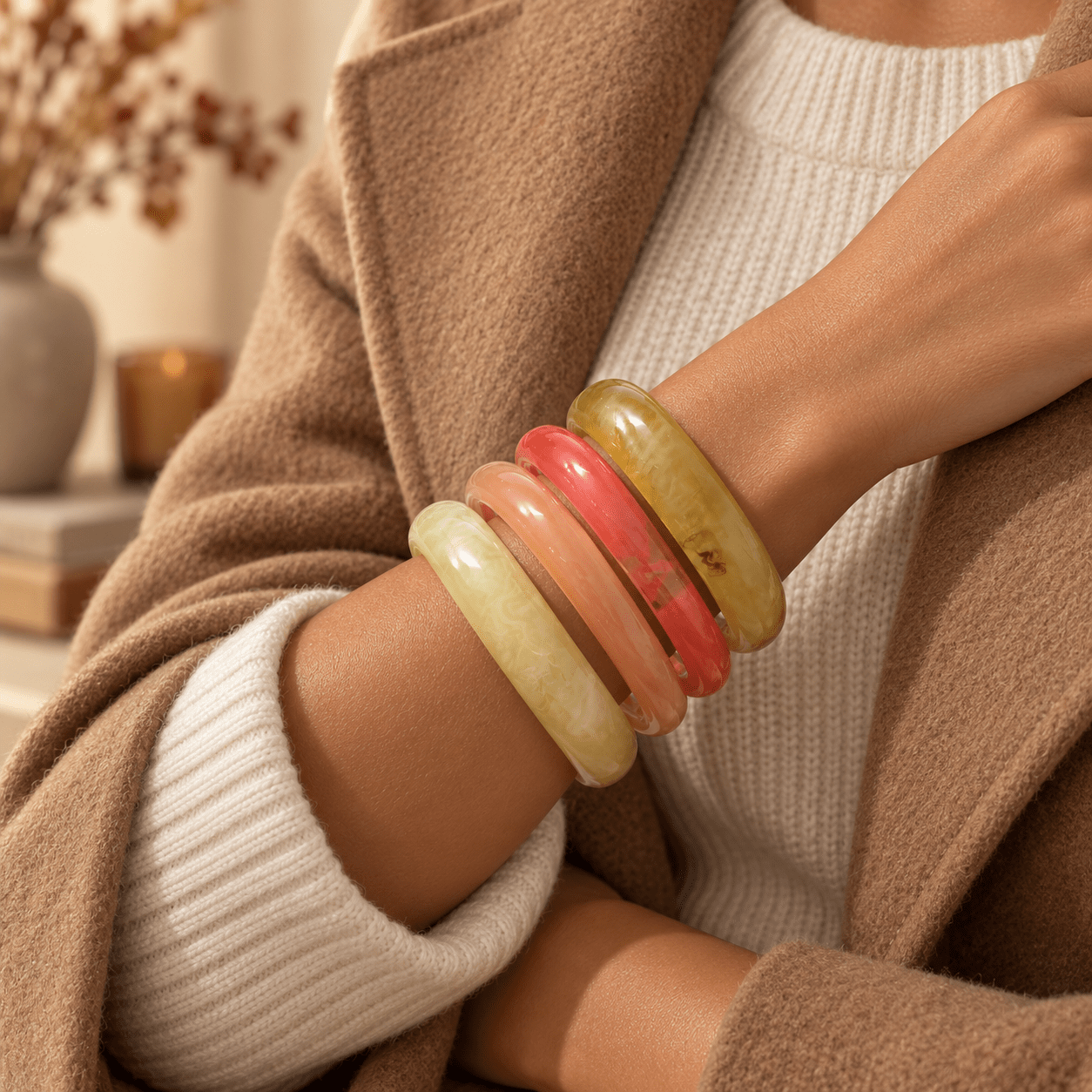 4pcs Colorful Textured Wide-Band Bangle Set for Women